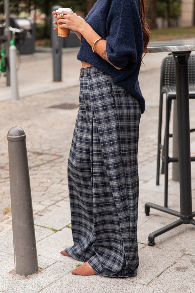 ENZA Bleu Marine - Pantalon À Carreaux