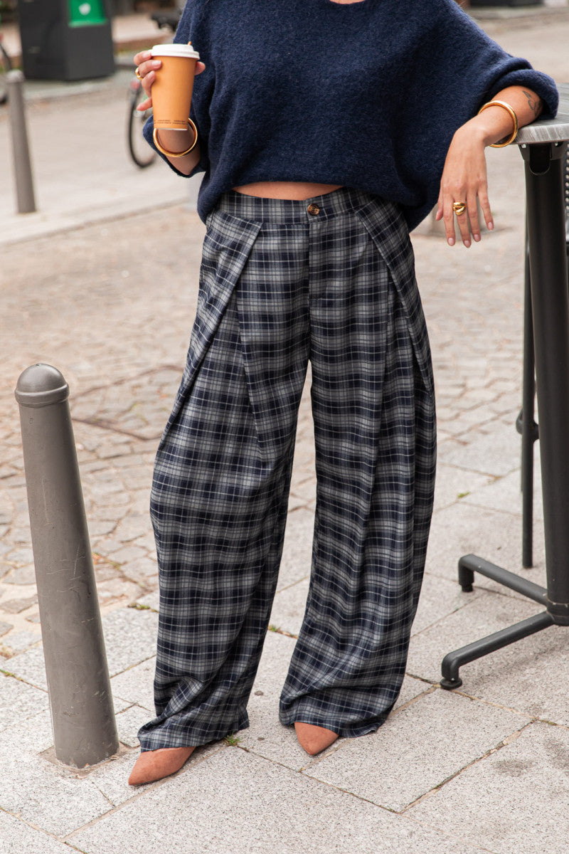 ENZA Bleu Marine - Pantalon À Carreaux