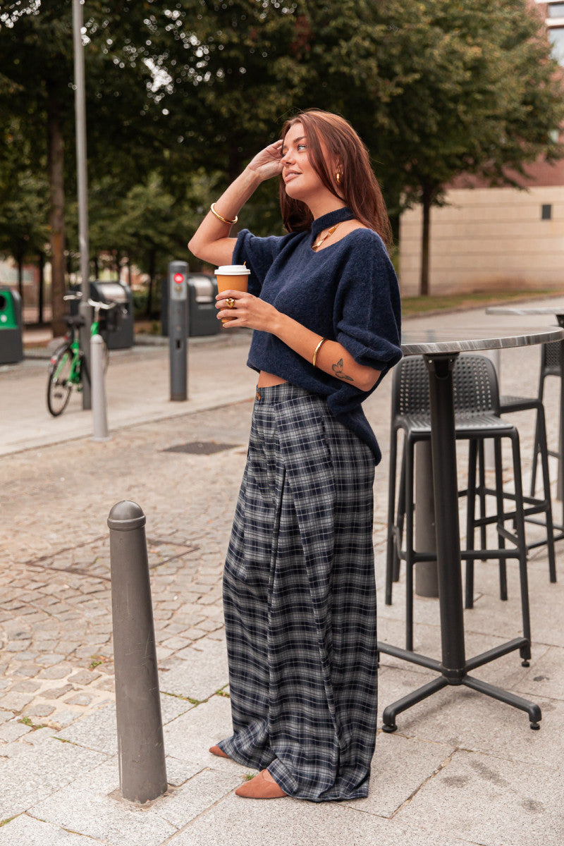 ENZA Bleu Marine - Pantalon À Carreaux
