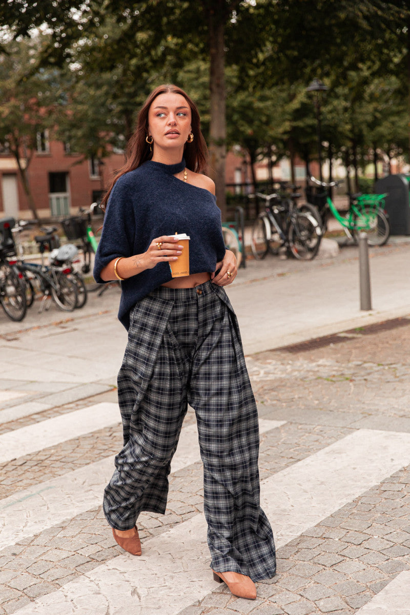 ENZA Bleu Marine - Pantalon À Carreaux