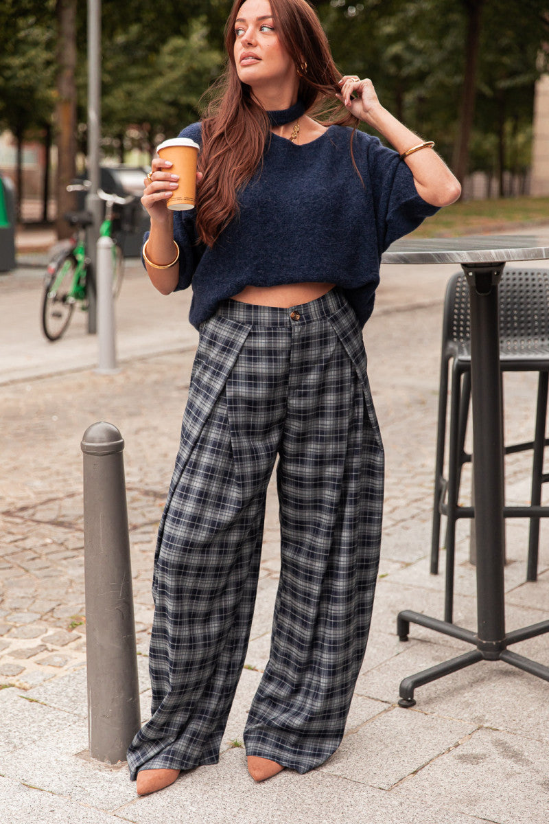 ENZA Bleu Marine - Pantalon À Carreaux