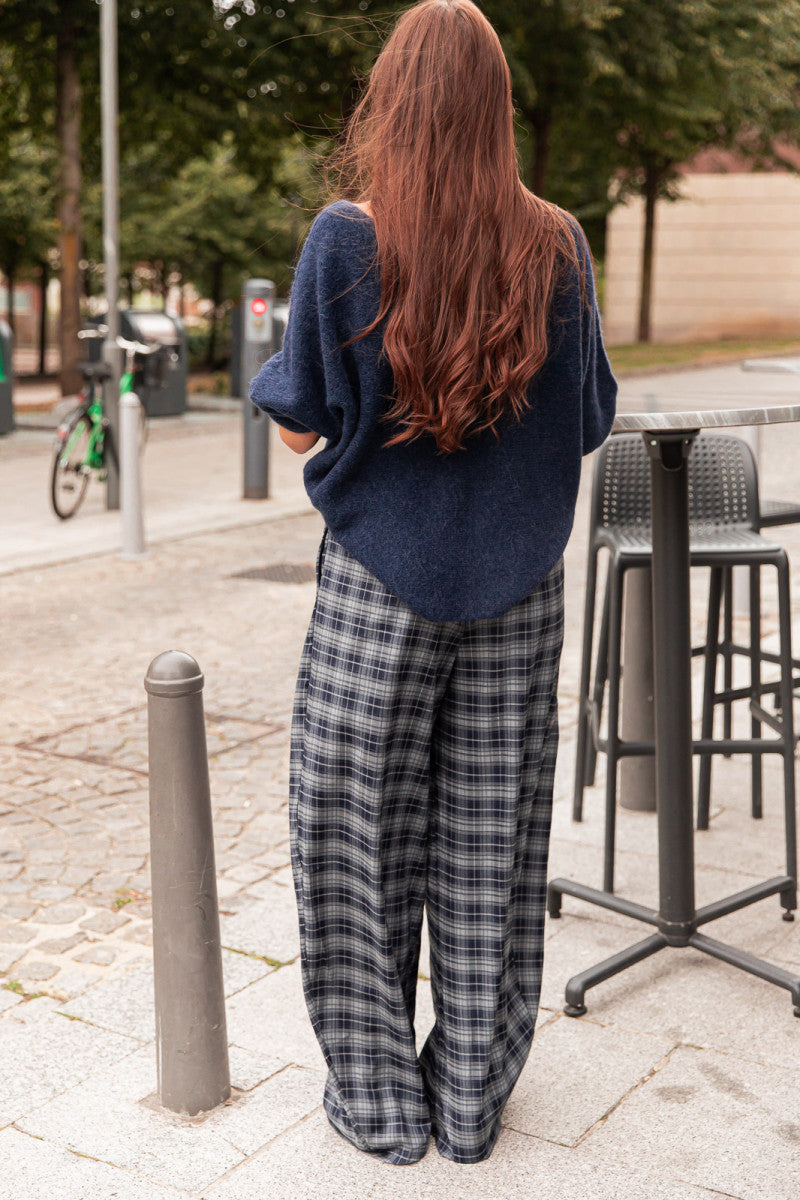 ENZA Bleu Marine - Pantalon À Carreaux