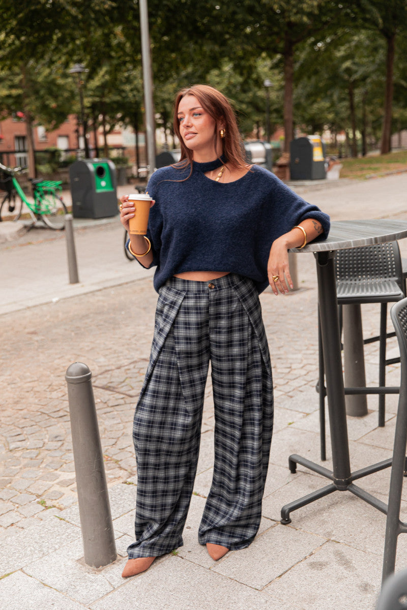 ENZA Bleu Marine - Pantalon À Carreaux