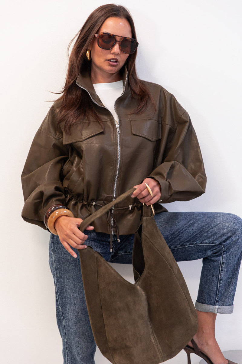 JUSTINE Kaki - Veste Similicuir