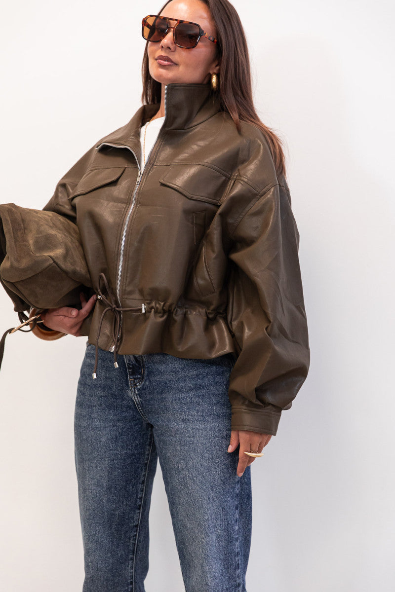 JUSTINE Kaki - Veste Similicuir