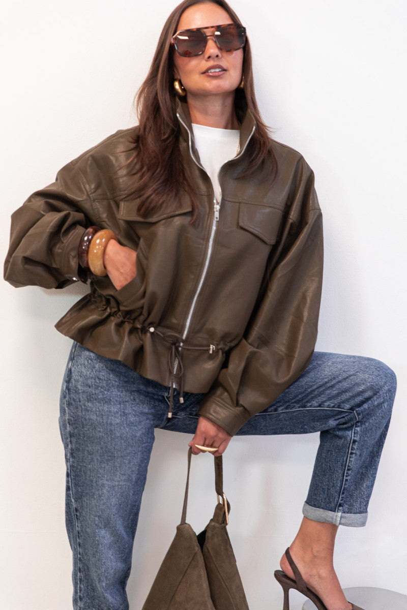 JUSTINE Kaki - Veste Similicuir