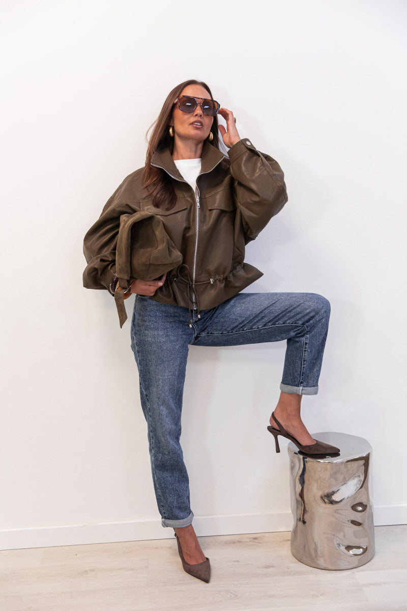 JUSTINE Kaki - Veste Similicuir