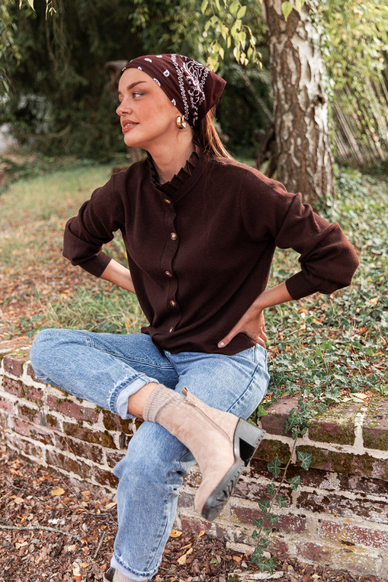 LAURA Chocolat - Cardigan Col Victorien