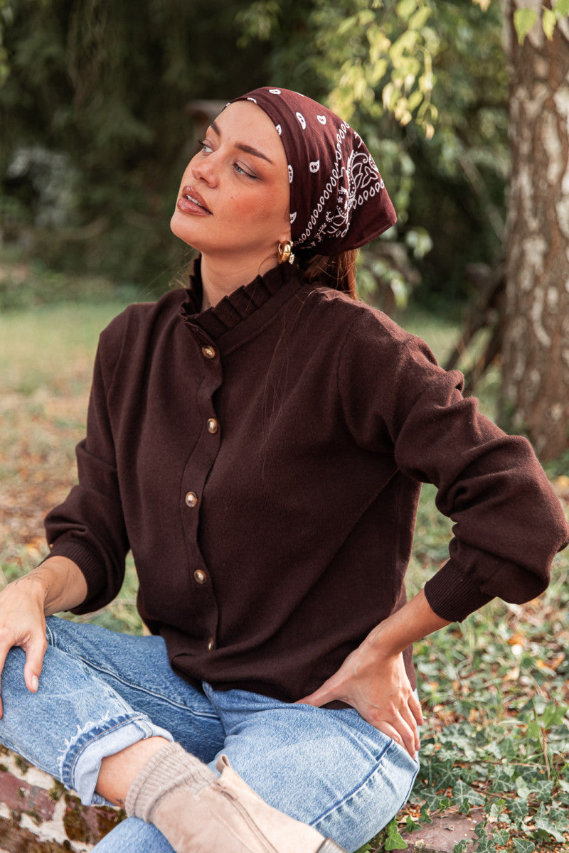 LAURA Chocolat - Cardigan Col Victorien