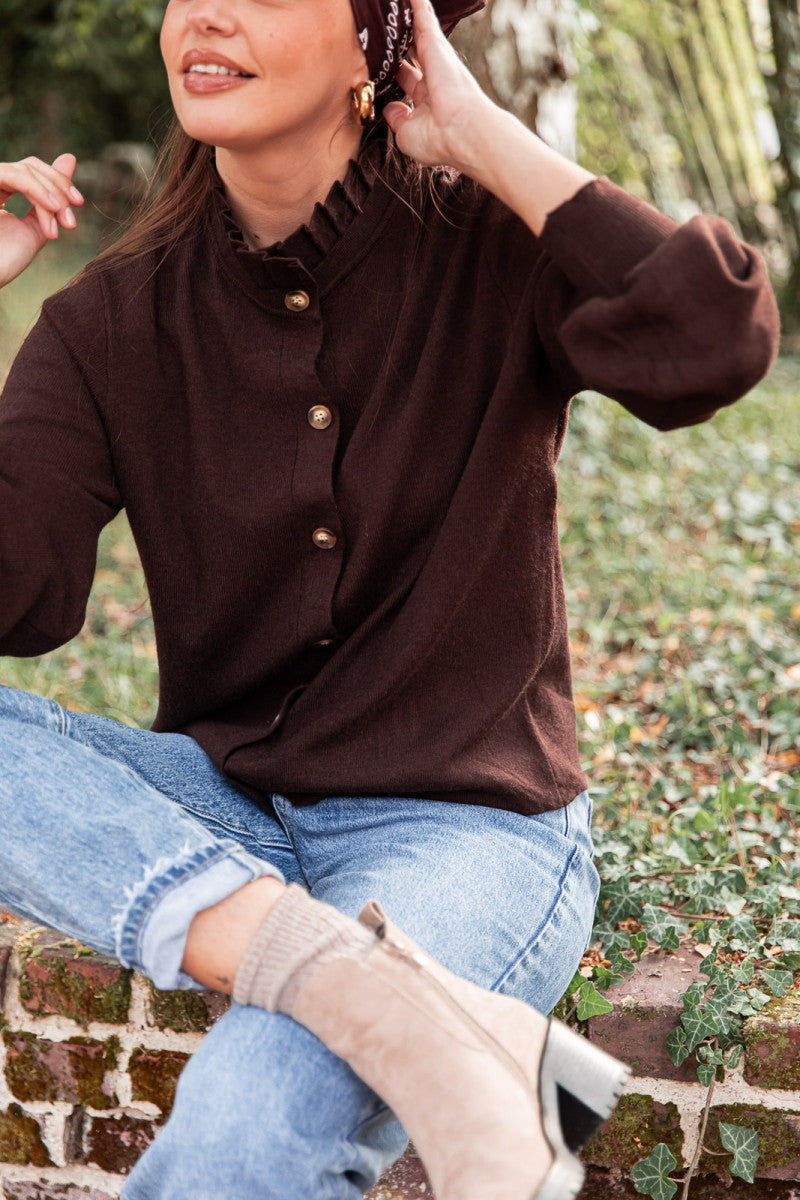 LAURA Chocolat - Cardigan Col Victorien