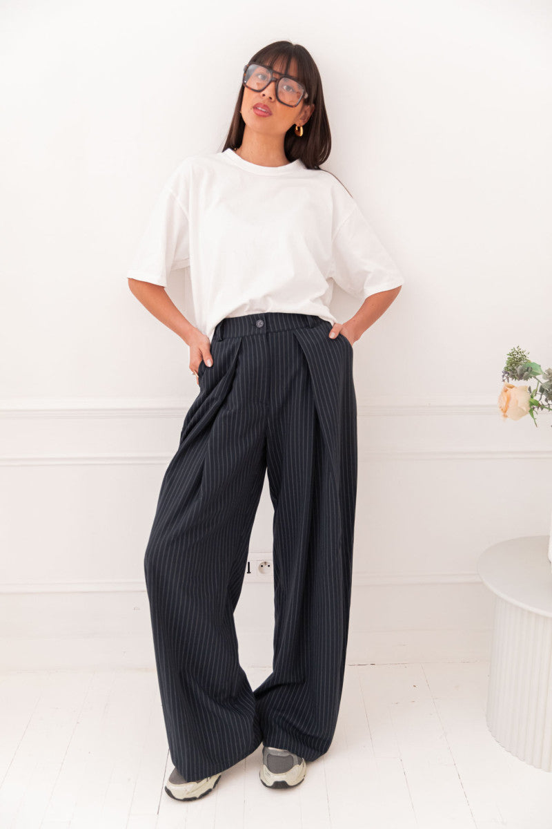 LUCIEN Bleu - Pantalon À Pinces Rayé