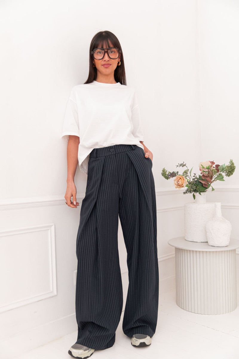 LUCIEN Bleu - Pantalon À Pinces Rayé