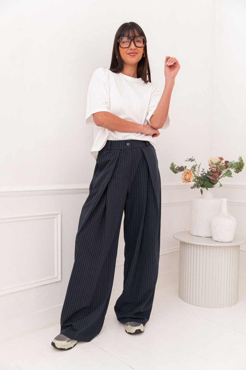 LUCIEN Bleu - Pantalon À Pinces Rayé