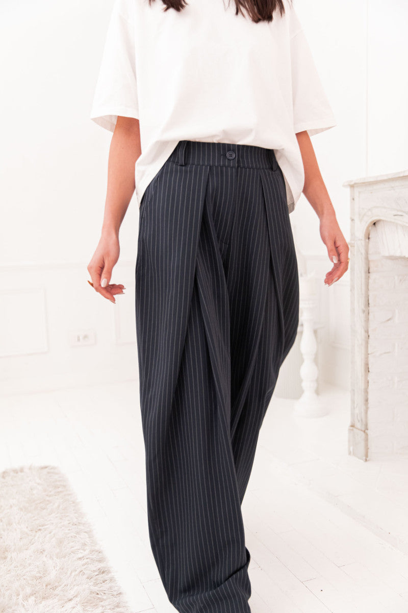 LUCIEN Bleu - Pantalon À Pinces Rayé