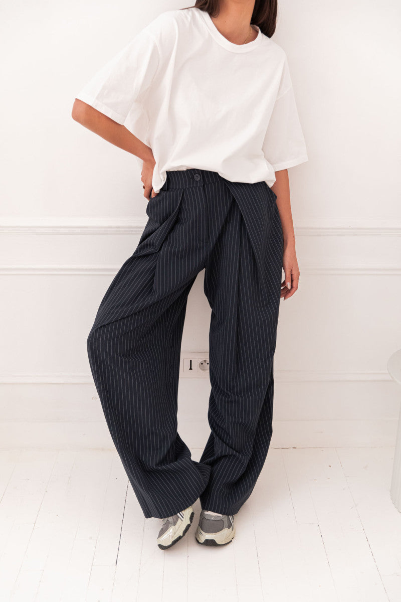 LUCIEN Bleu - Pantalon À Pinces Rayé