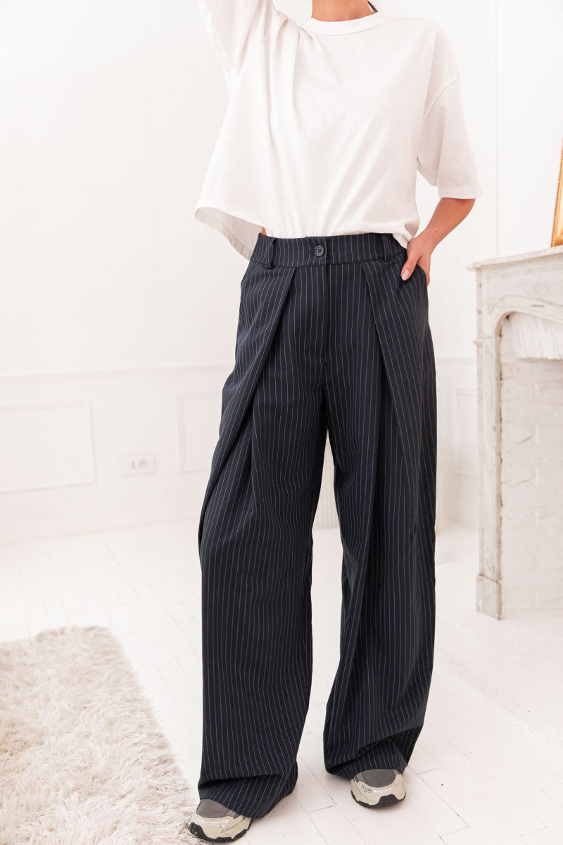 LUCIEN Bleu - Pantalon À Pinces Rayé